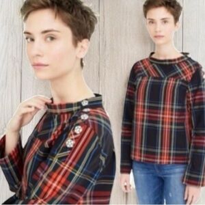J.Crew Holiday Stewart Tartan Plaid Jeweled Funnel Neck Top Shirt Size 4 Preppy